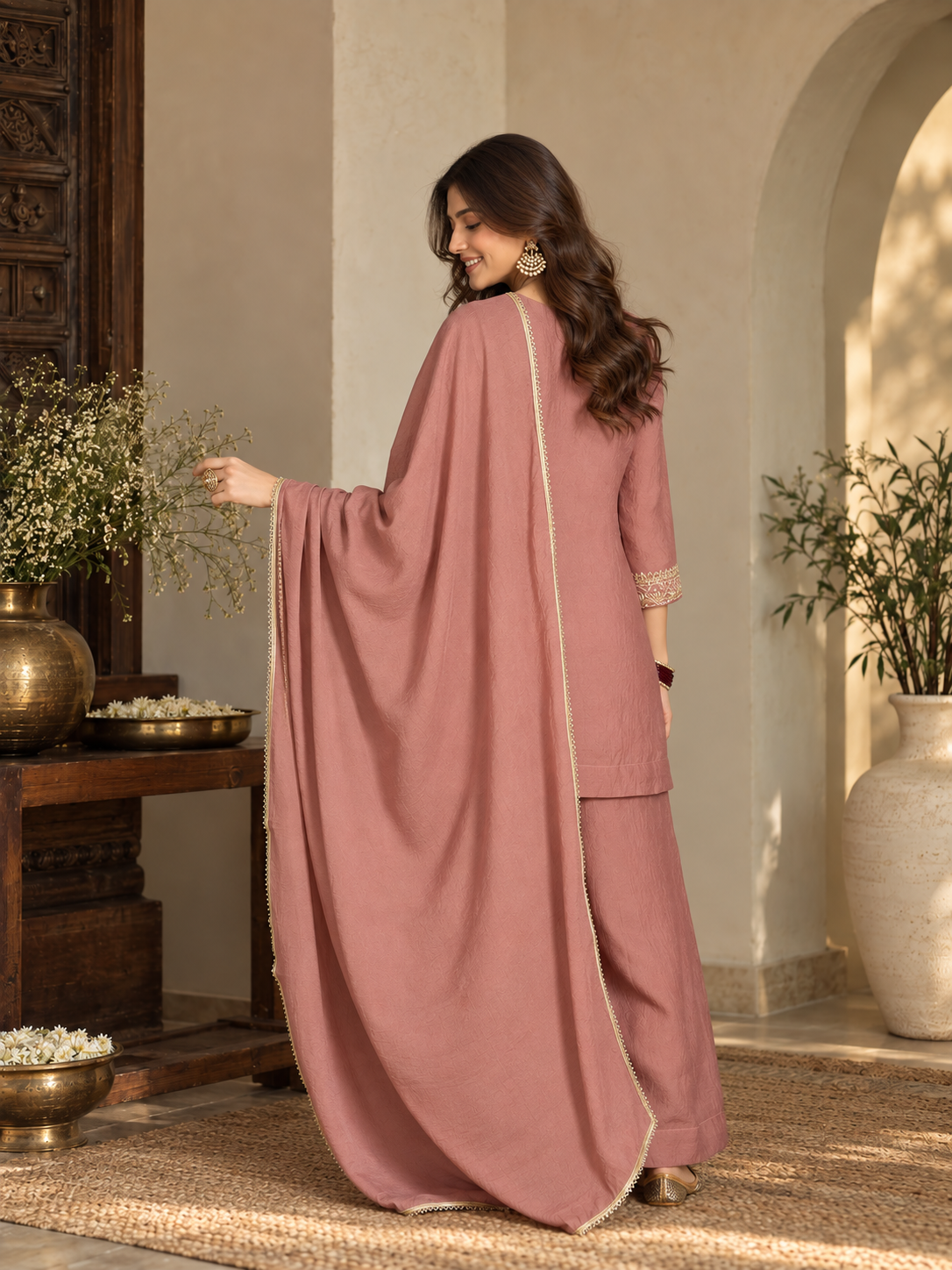 Women Mauve Silk Embroidered Kurta Set