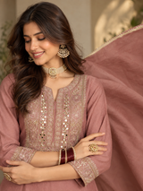 Women Mauve Silk Embroidered Kurta Set