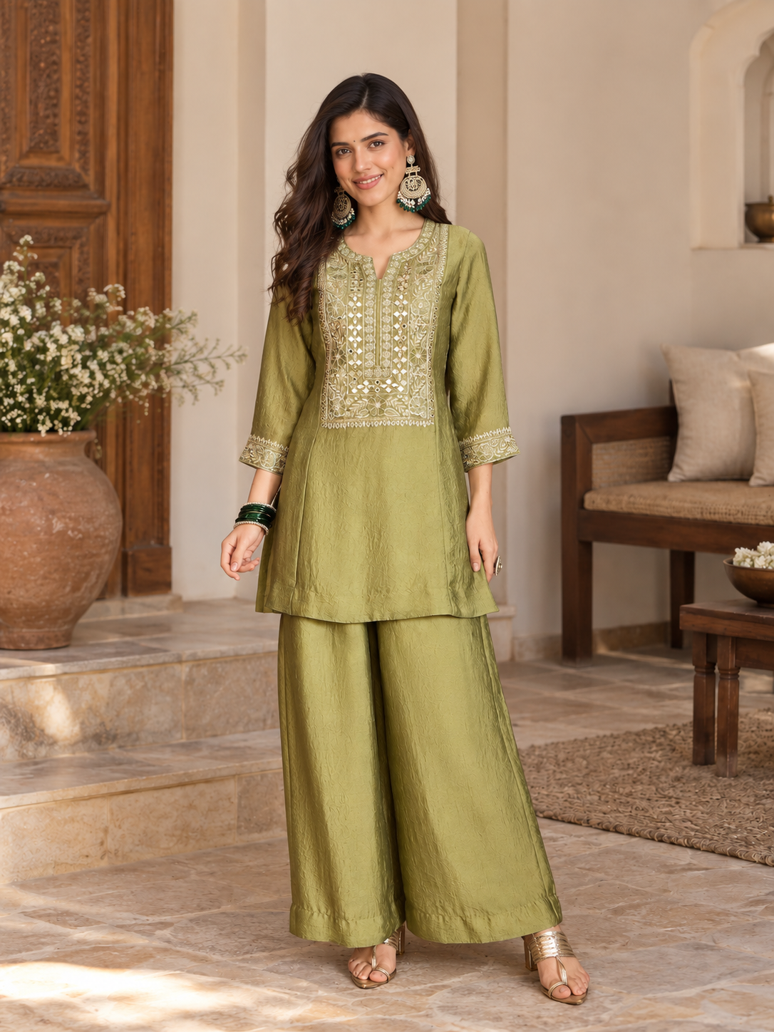 Women Green Silk Embroidered Kurta Set