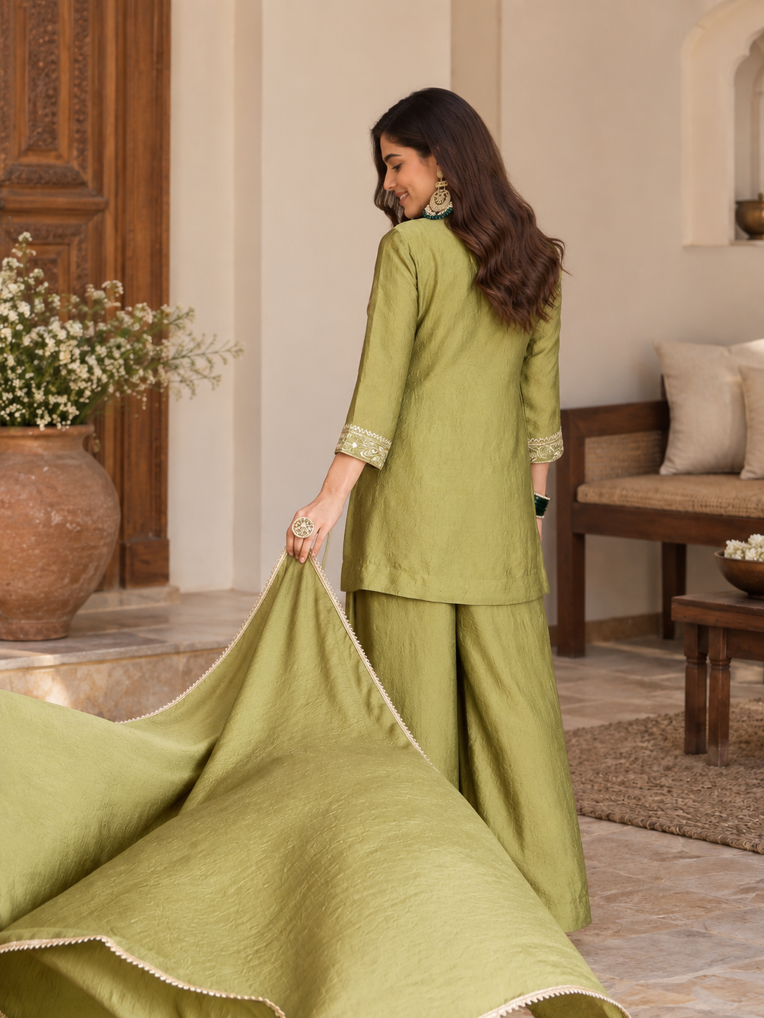 Women Green Silk Embroidered Kurta Set