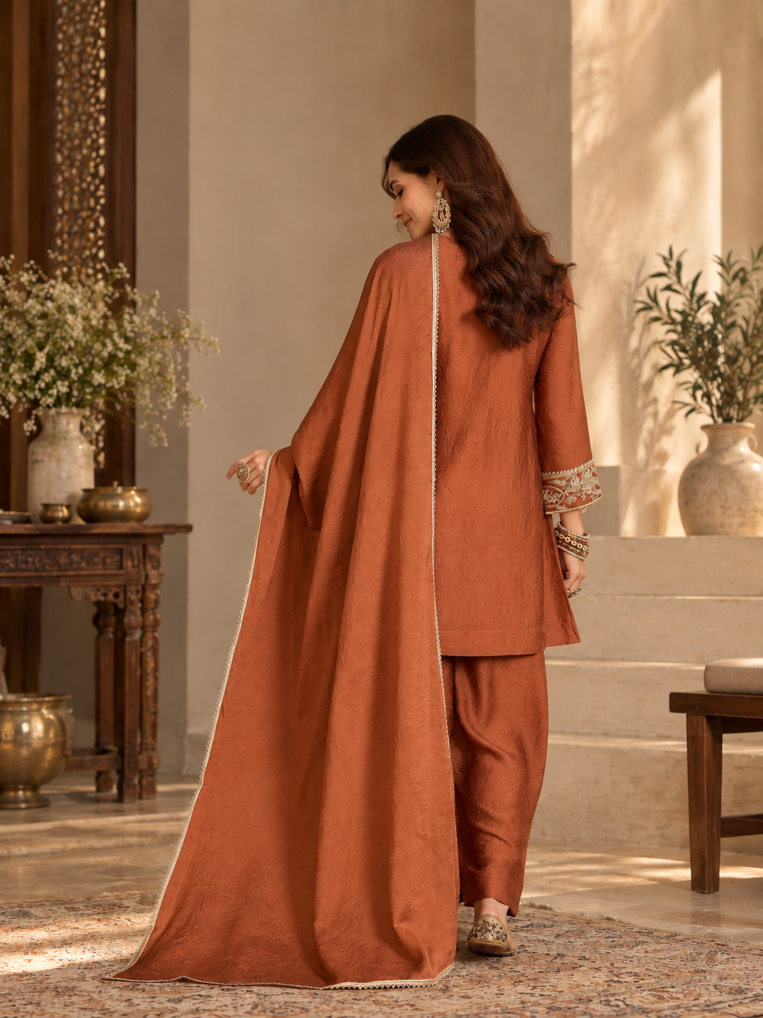 Women Rust Silk Embroidered Kurta Set