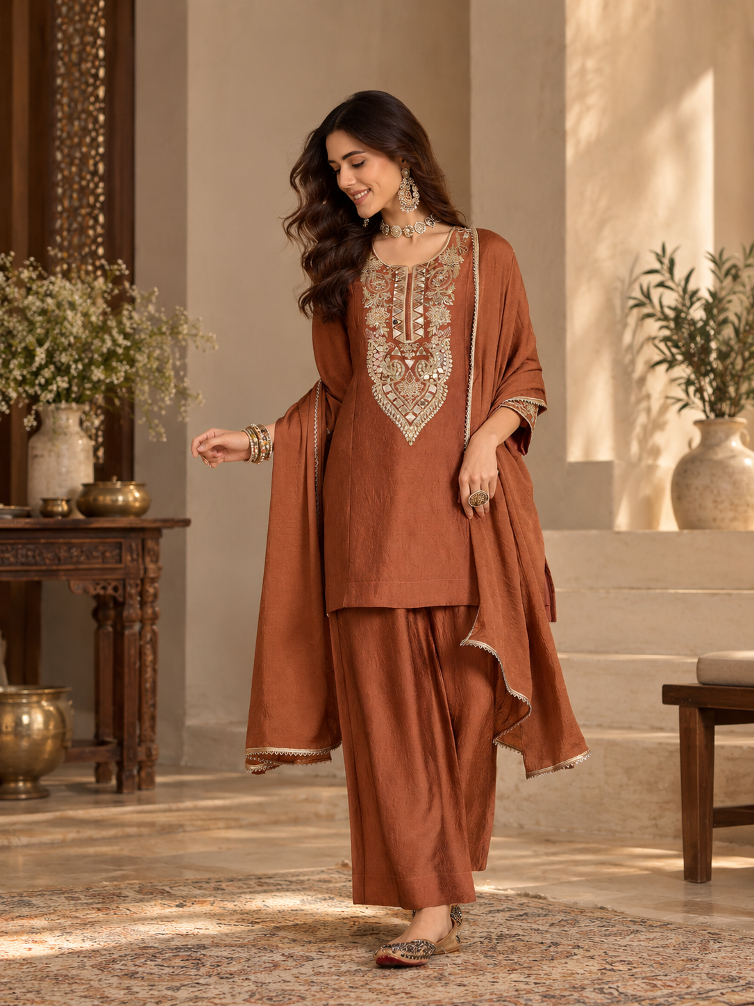 Women Rust Silk Embroidered Kurta Set