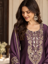 Women Purple Silk Embroidered Kurta Set