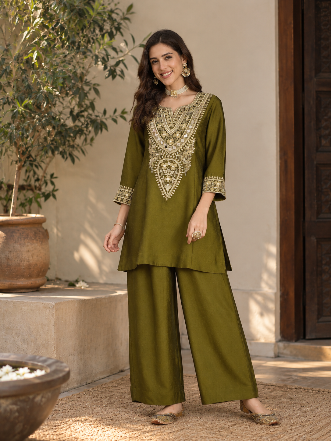 Women Green Silk Embroidered Kurta Set