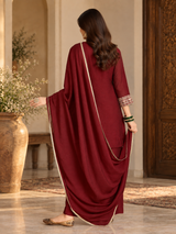 Women Maroon Silk Embroidered Kurta Set