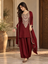 Women Maroon Silk Embroidered Kurta Set
