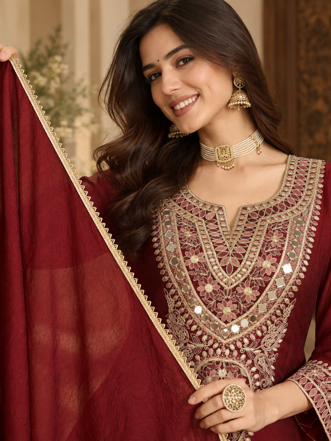 Women Maroon Silk Embroidered Kurta Set