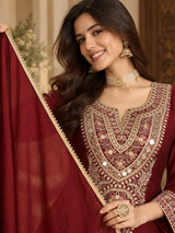 Women Maroon Silk Embroidered Kurta Set