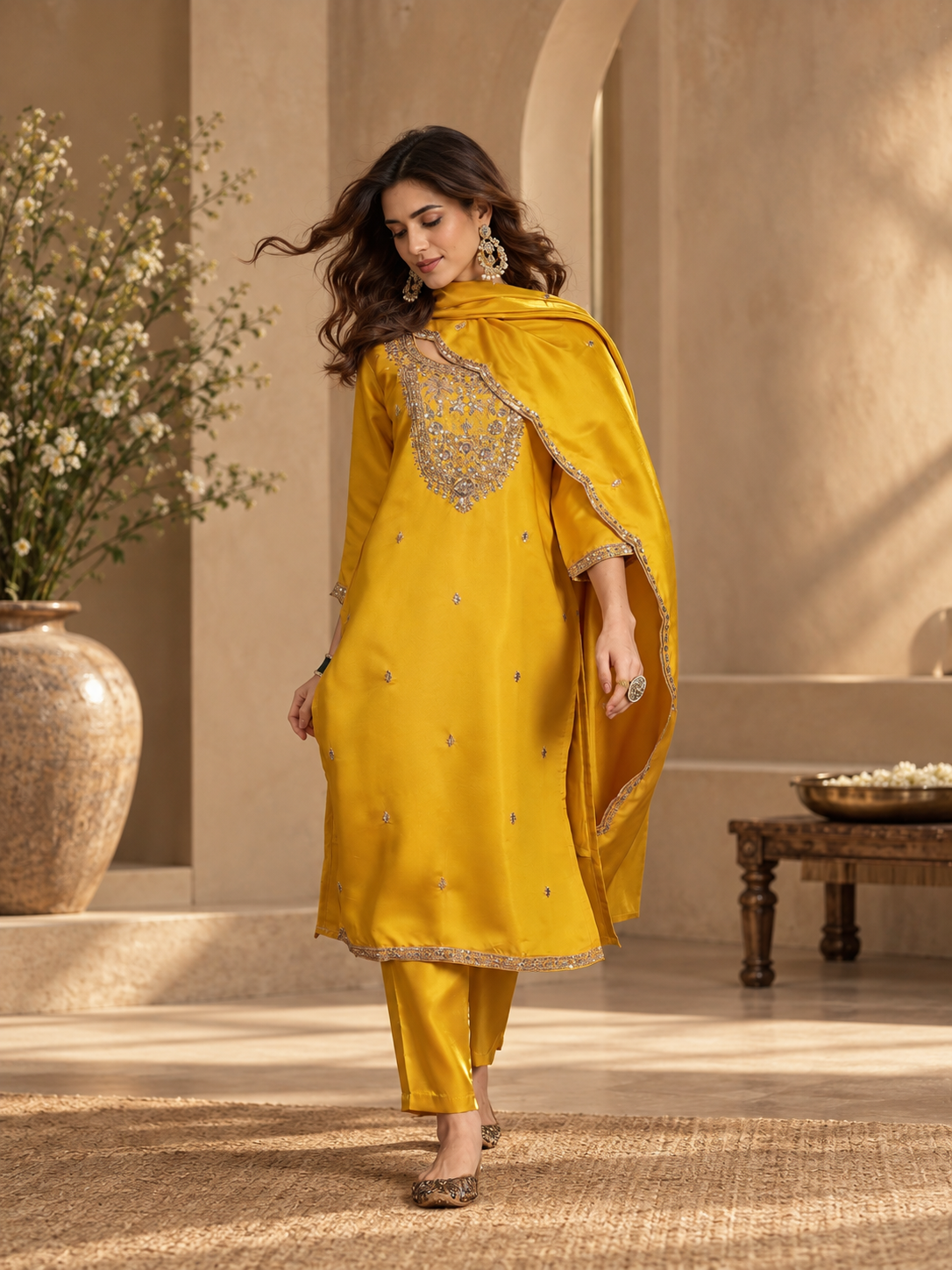 Women Mustard Glass Roman Embroidery Kurta Set
