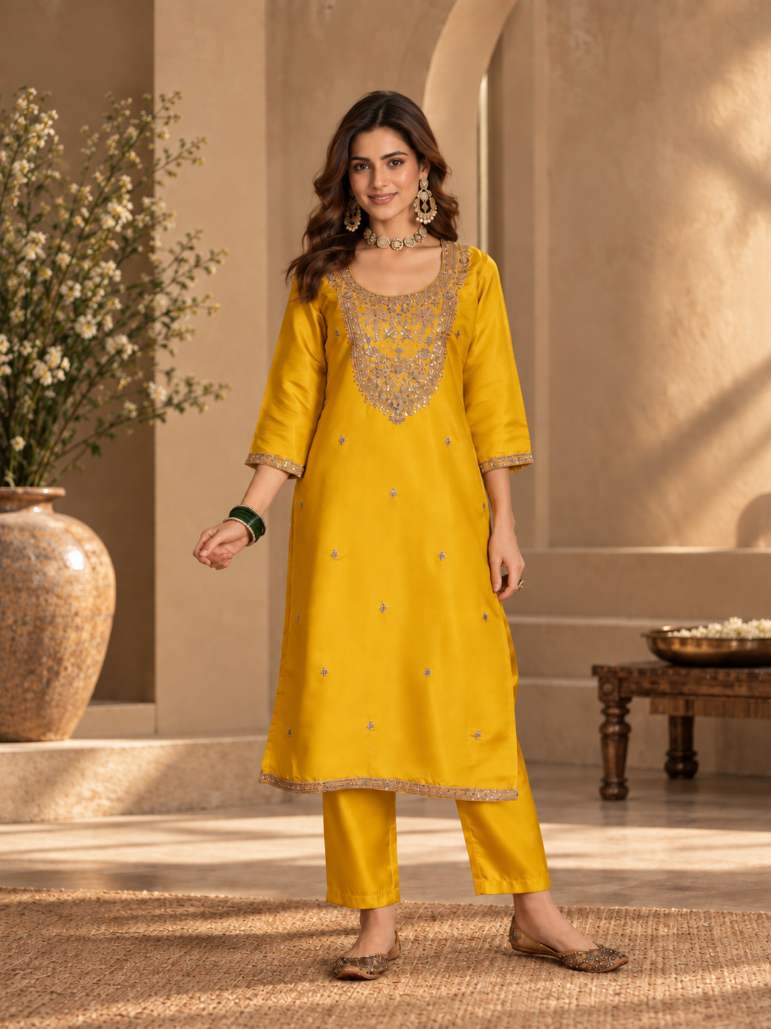 Women Mustard Glass Roman Embroidery Kurta Set