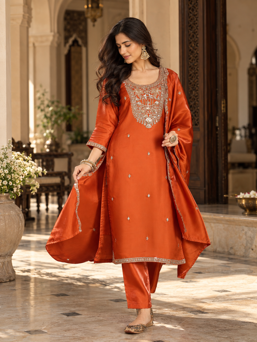 Women Rust Glass Roman Embroidery Kurta Set