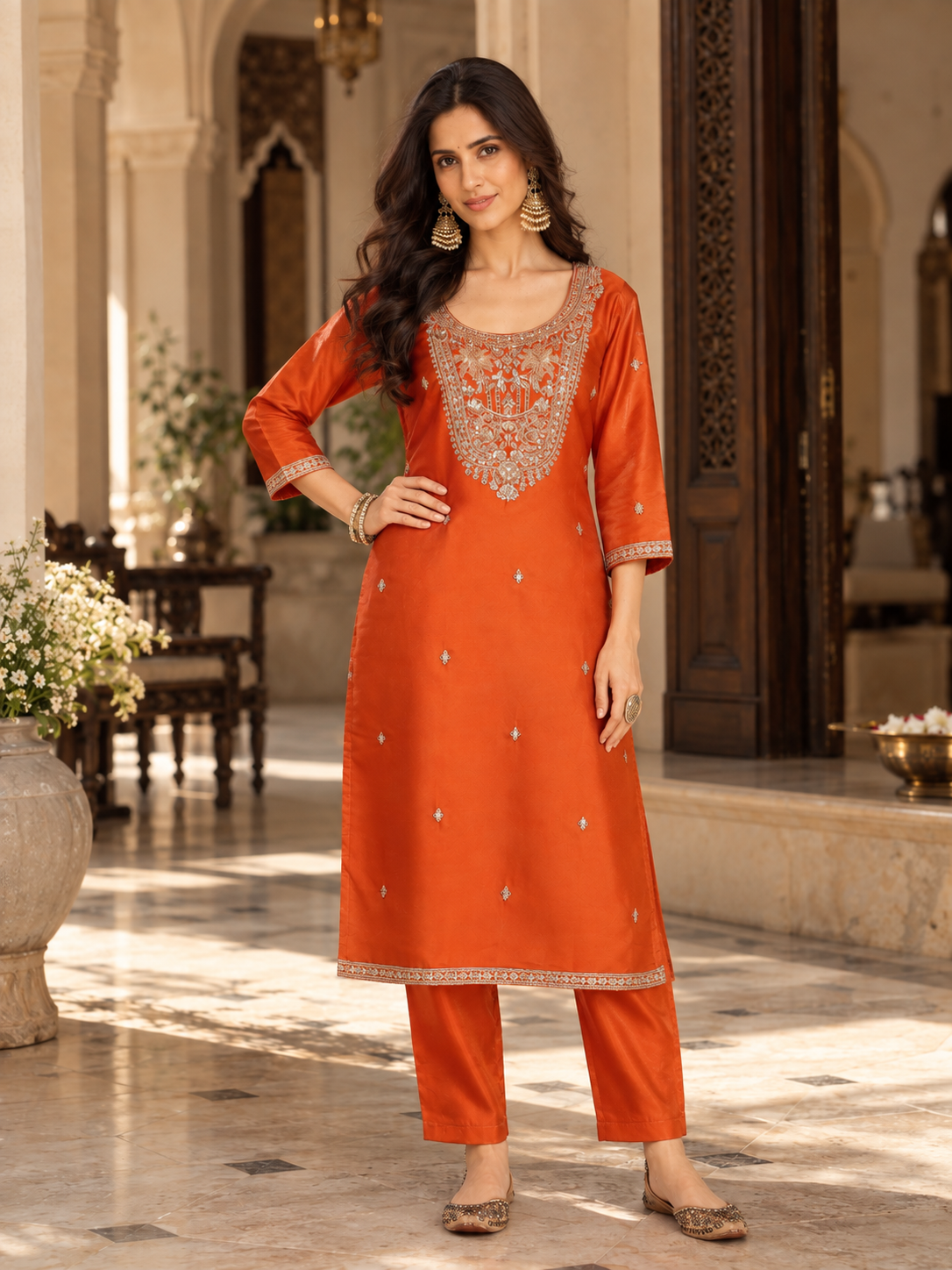 Women Rust Glass Roman Embroidery Kurta Set