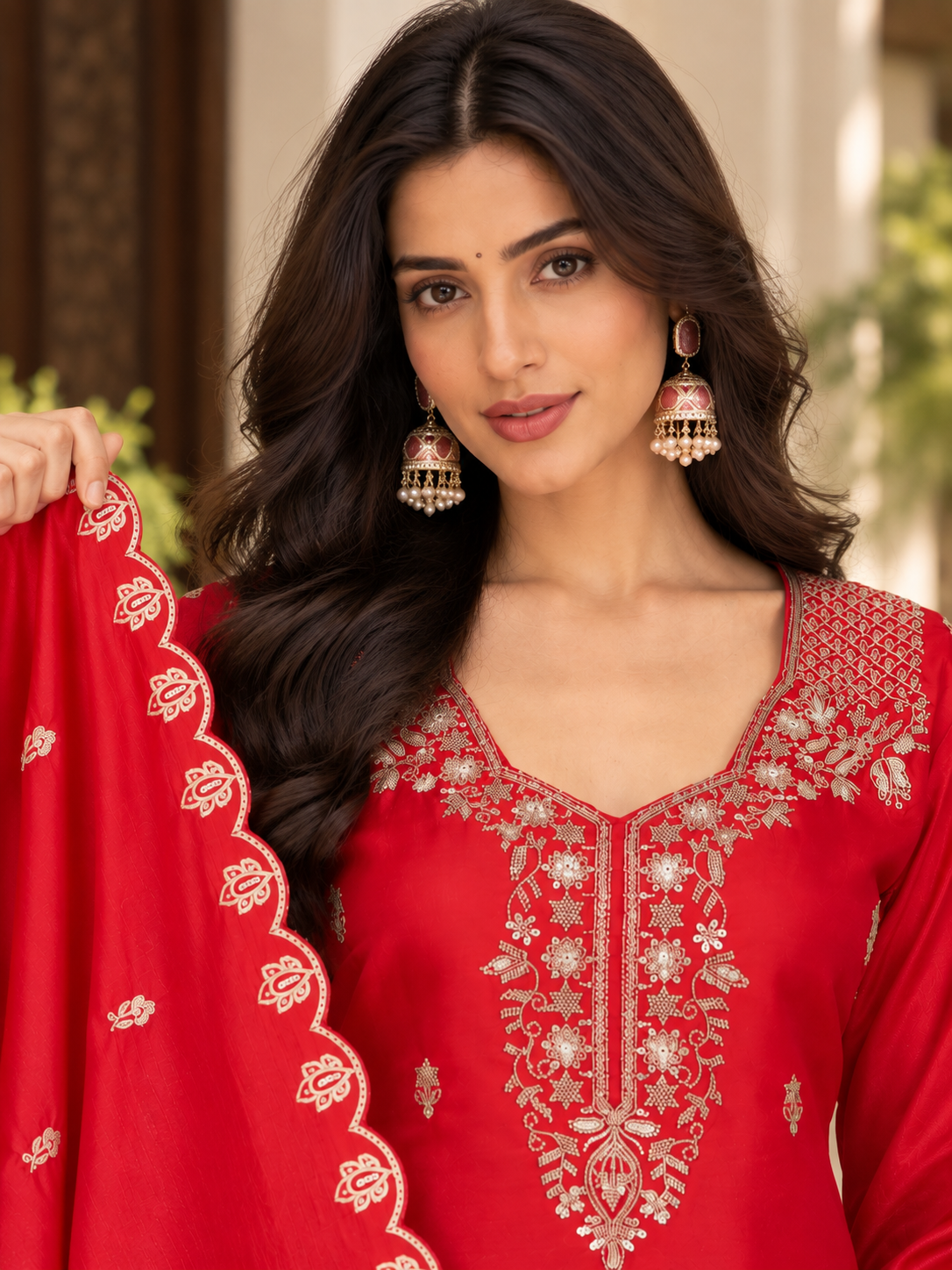 Women Fuchsia Pink Glass Roman Embroidery Kurta Set