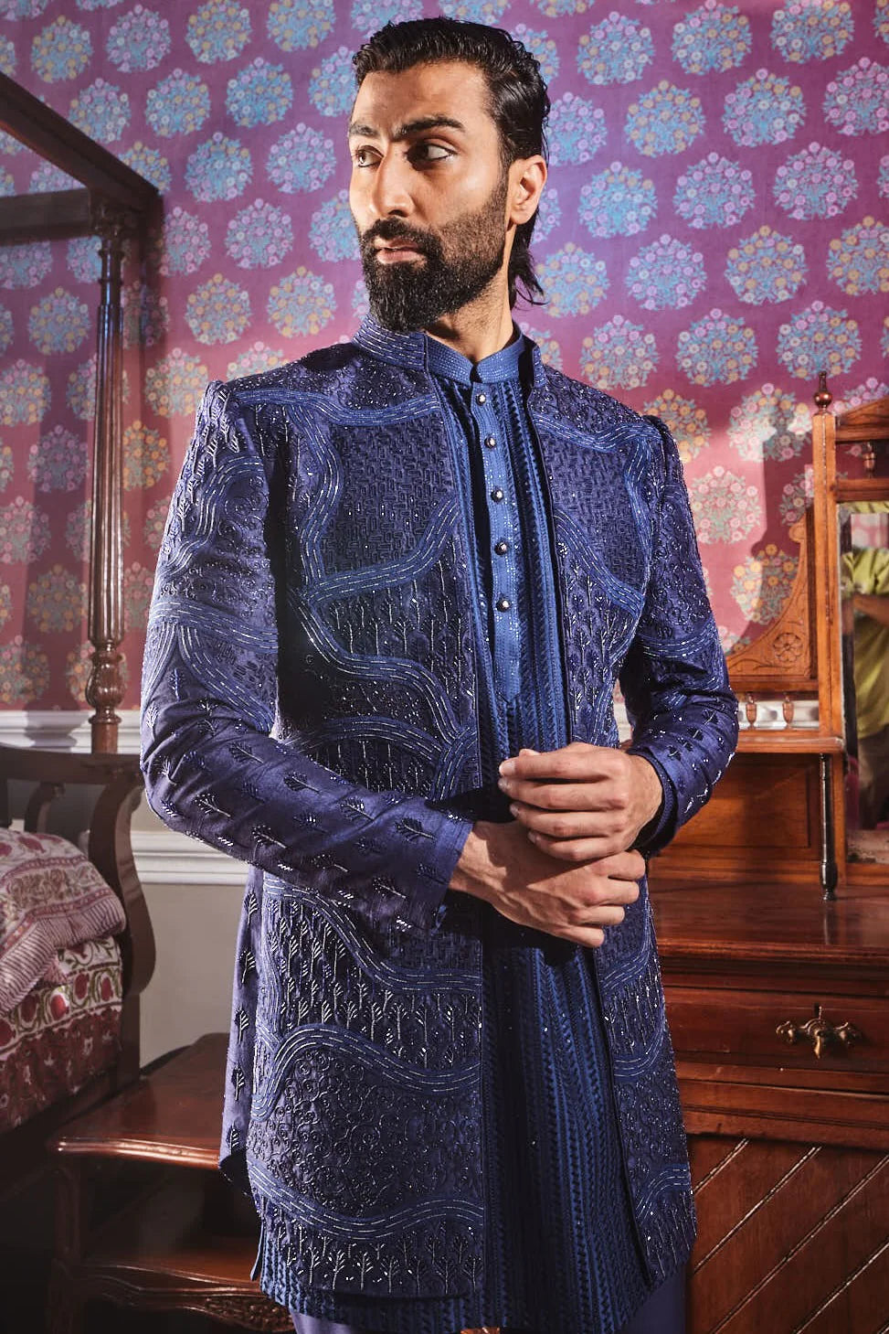Navy Open Raw Silk Embroidered Indo-Western Set