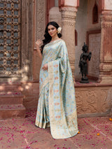 Sky Blue Pure Monga Silk Banarasi Ghatchola Handloom Saree