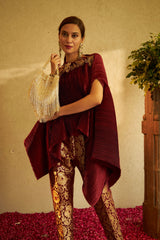 Divine Embroidered Cape with Brocade Pants - Maroon
