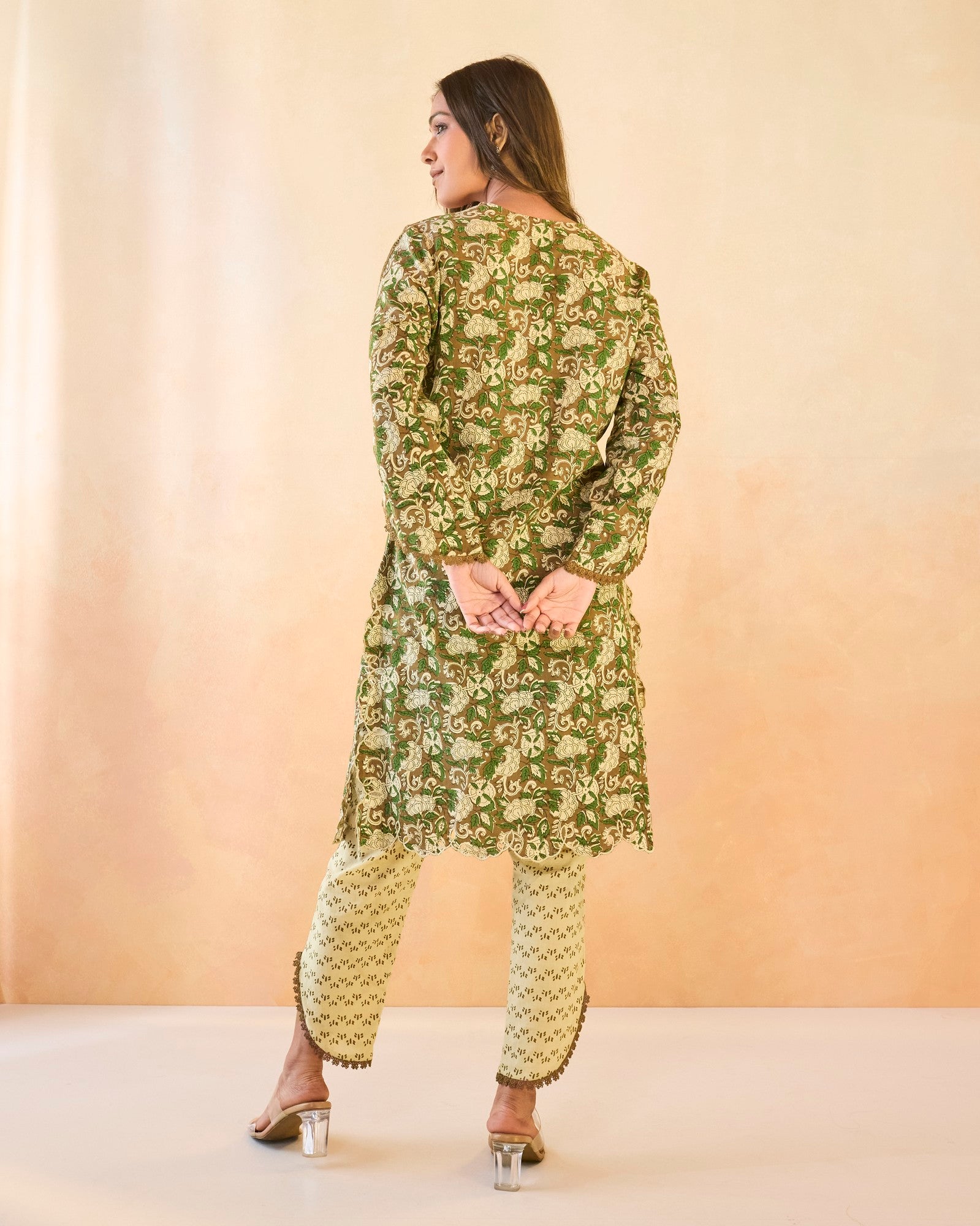 Olive Petal Scallop Cotton Kurta with Tulip Pants