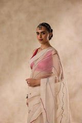 Ivory organza french knot jaal & paisley work saree comes with unstitched & unembroidered blouse fabric in chanderi