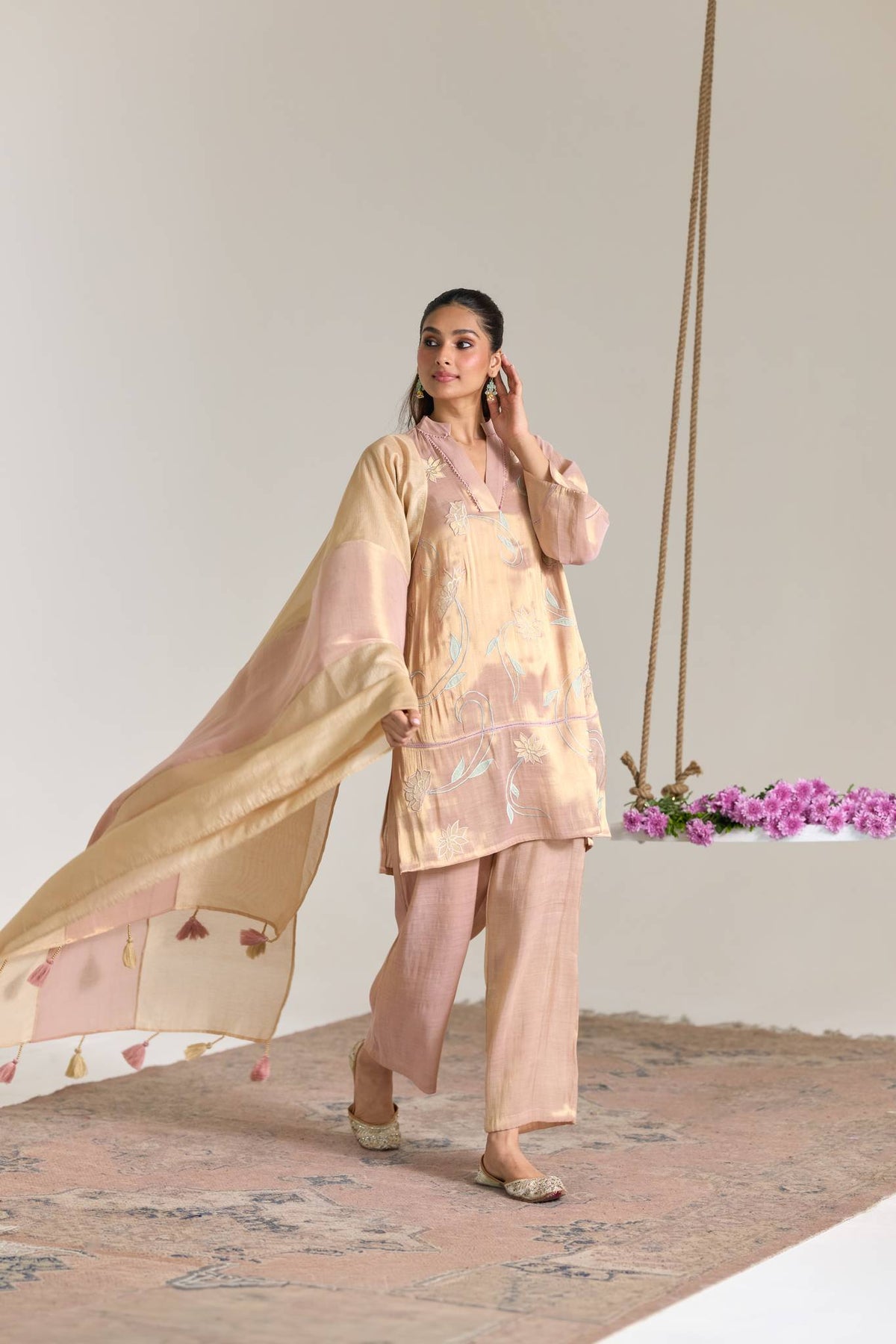 Blush Mint Applique Embroidered Tissue Kurta Set - Set of 2