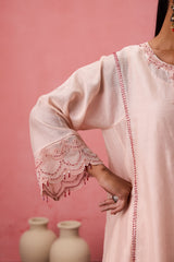 Cozy peach chanderi dori work  and resham embroidered kurta paired with organic cotton slip, pant & organza dupatta