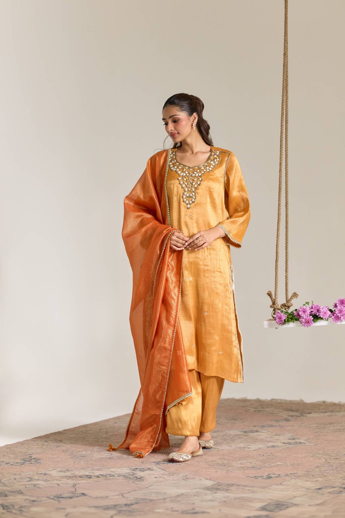 Orange Pearl Zari Embroidered Tissue Kurta Set - Set of 2