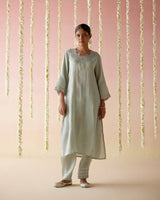 Mint Daisy Tissue Kurta with 
Narrow Pants & Dupatta - Set of 3
