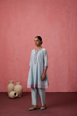 Sky blue chanderi dori work  floral and french knot embroidered kurta paired with pant & organza dupatta