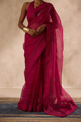Wine organza jaal embroidred saree comes with unstitched & unembroidered blouse fabric in chanderi