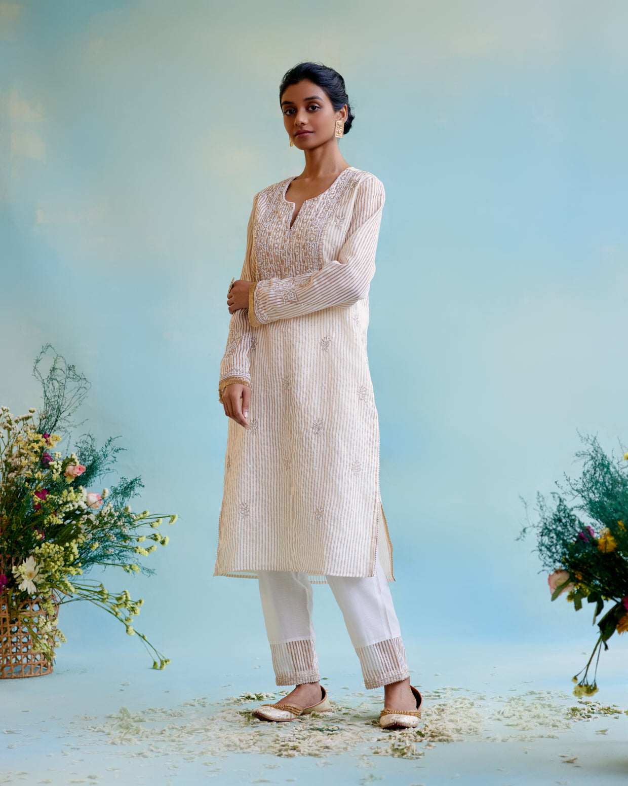 Gold Zari Crushed Stripe Tissue Kurta with Floral Embroidery and Bead Work