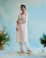Gold Zari Crushed Stripe Tissue Kurta with Floral Embroidery and Bead Work