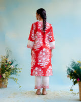 Hibiscus Floral Cotton Linen Kurta with Lace Detailing and Embroidered Sleeves