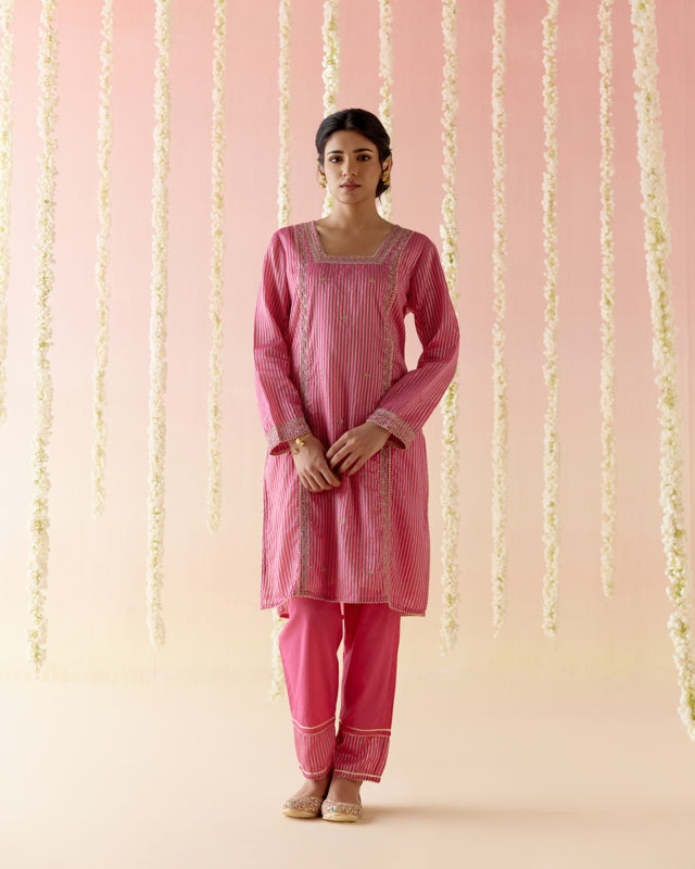 Fuchsia Rose Tissue Kurta with 
Narrow Pants & Dupatta - Set of 3