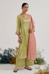 Lime Rose Dori Tissue Kurta with Wide Leg Pants - Set of 2