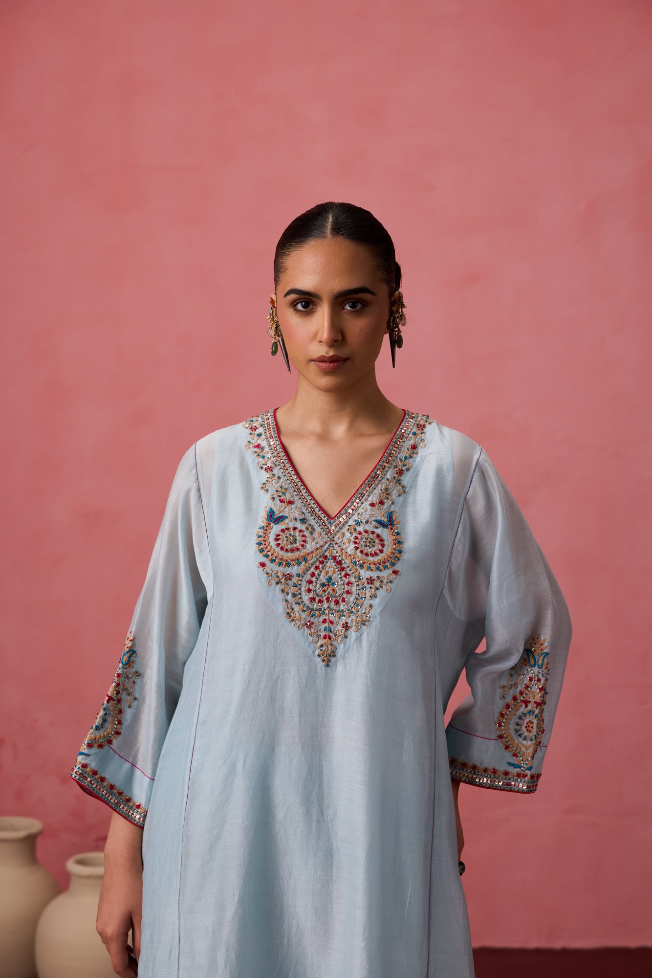 Sky blue chanderi dori work and french knot embroidered kurta paired with organic cotton slip, pant & organza dupatta