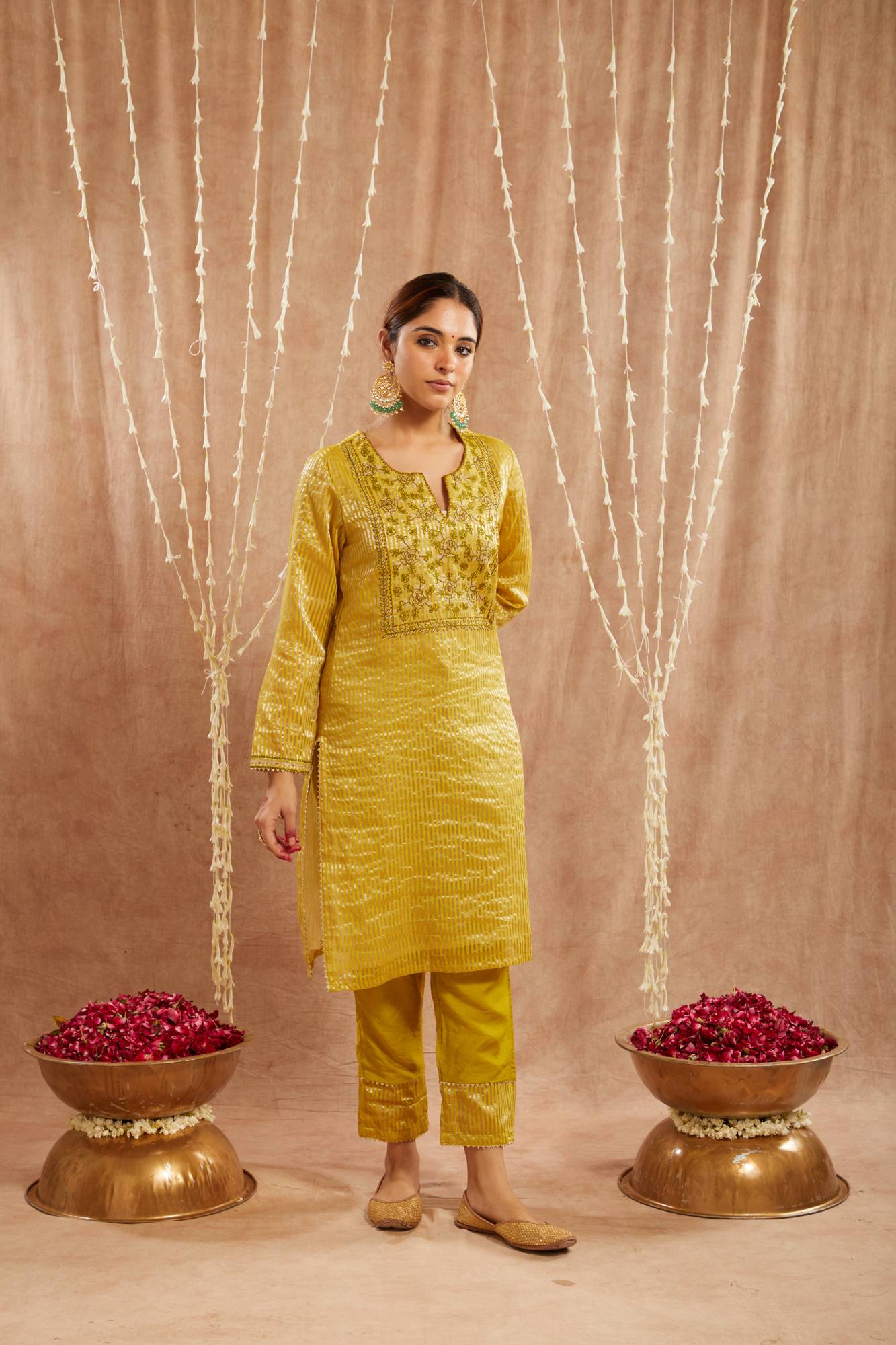 Olive Green Embroidered Kurta with 
Narrow Pants