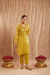 Olive Green Embroidered Kurta with 
Narrow Pants