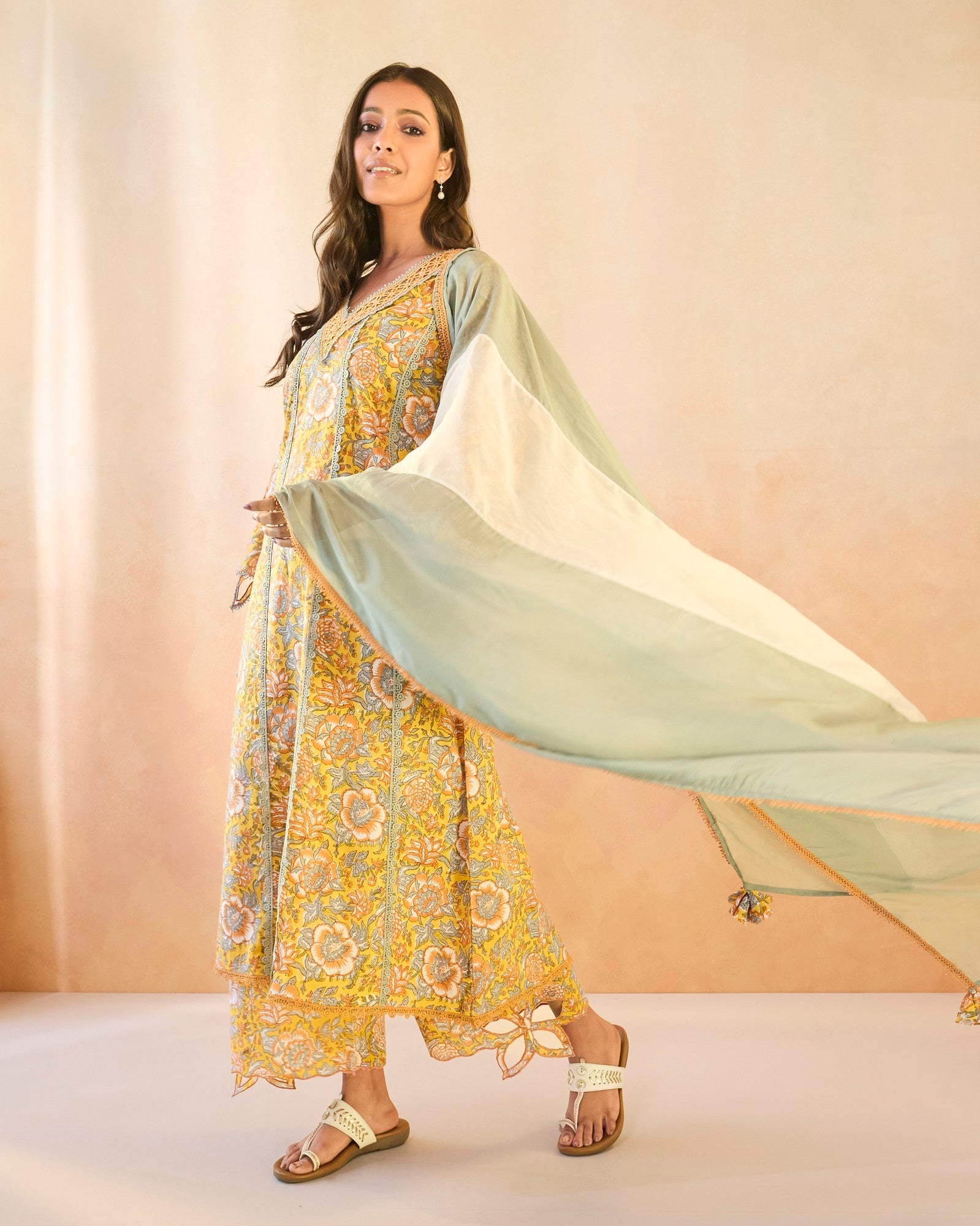 Sunflower Chintz Cutwork Cotton Kurta with Wide Leg Pants