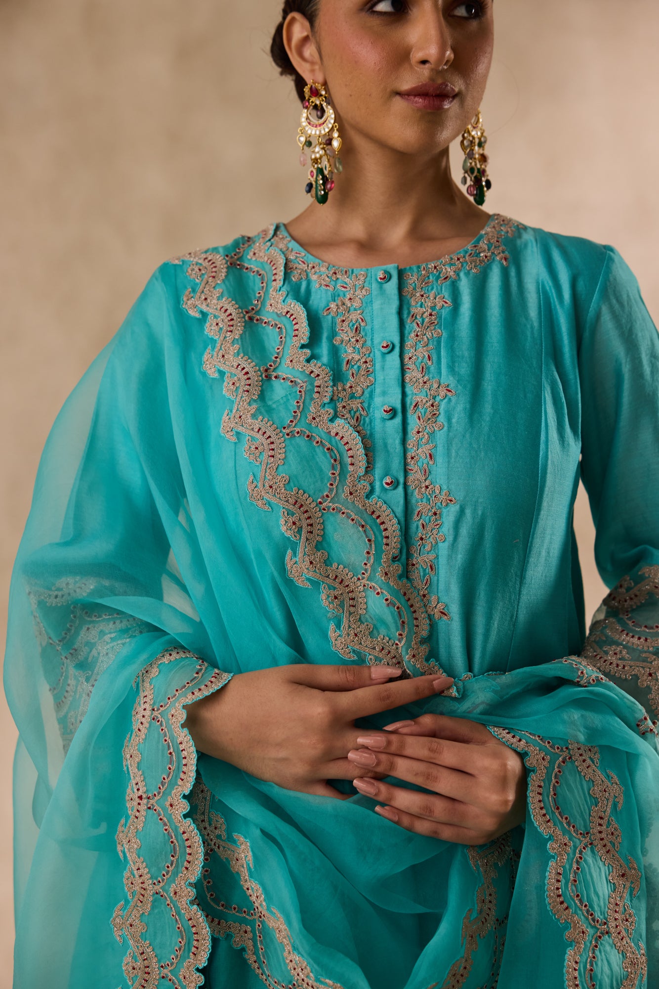 Sky blue chanderi dori work and french knot embroidered kurta paired with salwar & organza dupatta