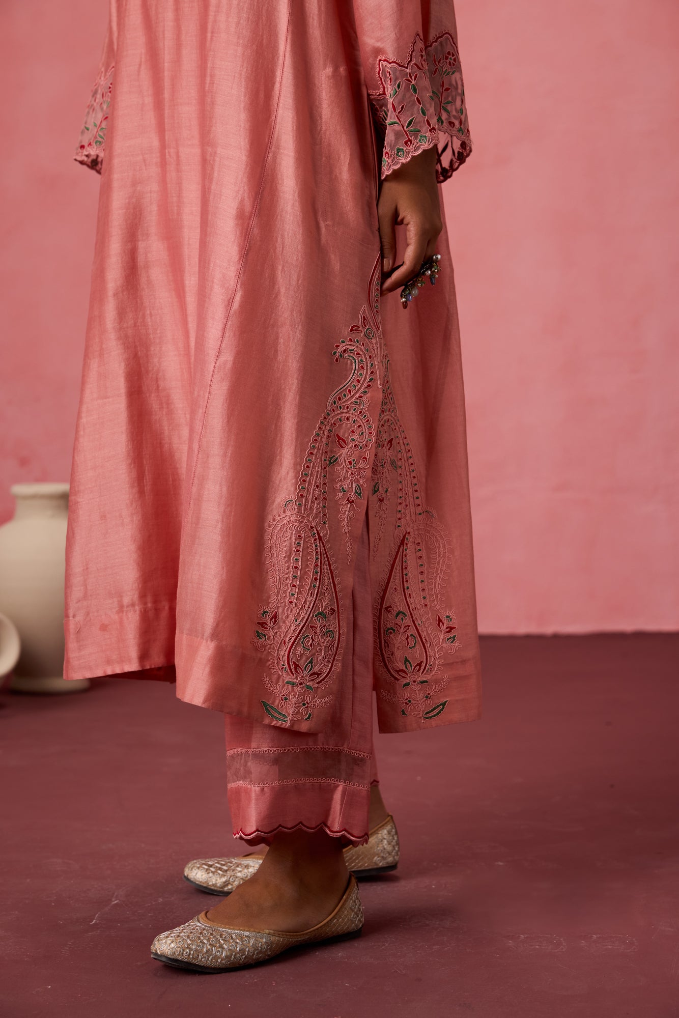 Peach chanderi embroidered kurta with embellished border on sleeves paired with an organic cotton slip pant & organza dupatta