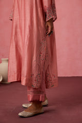 Peach chanderi embroidered kurta with embellished border on sleeves paired with an organic cotton slip pant & organza dupatta