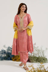 Red Lotus Applique Tissue Kurta with Narrow Pants - Set of 2