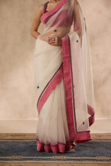Ivory organza rasham buti embroidered saree comes with unstitched & unembroidered blouse fabric in chanderi
