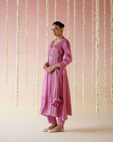 Fuschia Pink Tissue Angarakha with 
Narrow Pants & Dupatta - Set of 3