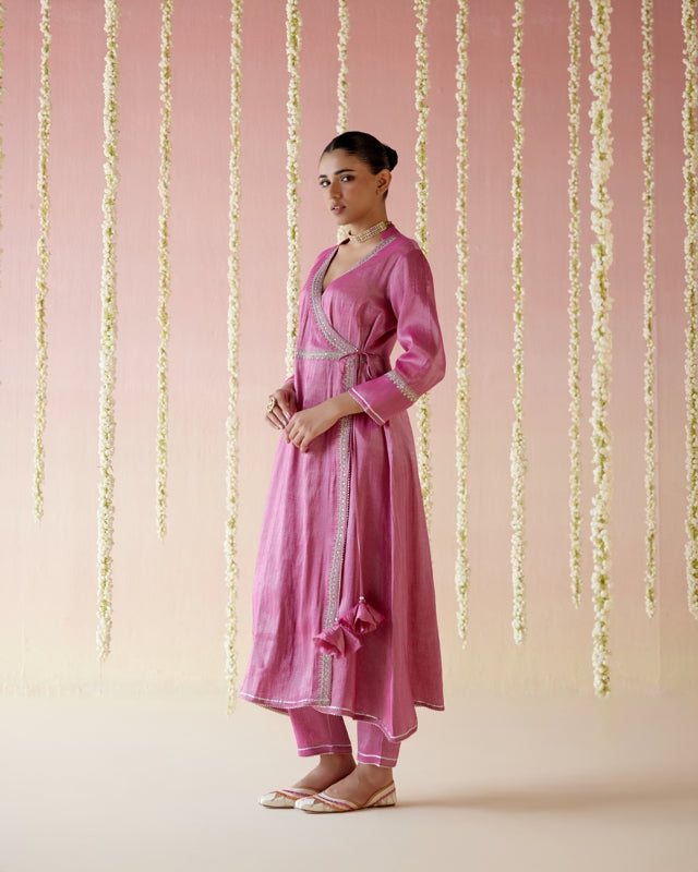 Fuschia Pink Tissue Angarakha with 
Narrow Pants & Dupatta - Set of 3