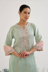 Mint Lotus Applique Tissue Kurta with Narrow Pants - Set of 2