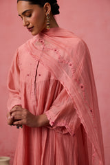 Peach chanderi resham embroidered kurta paired with organic cotton slip, pant & Chanderi dupatta