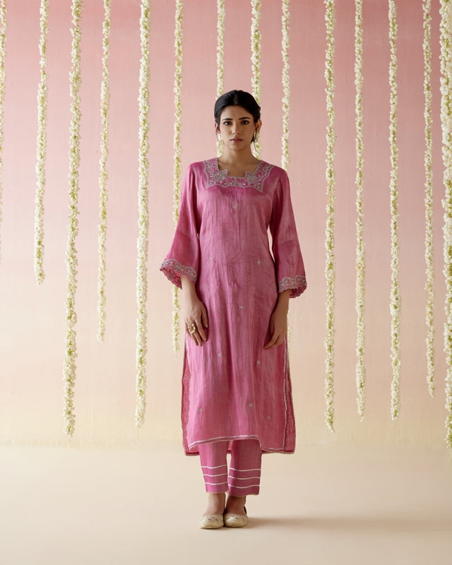 Peony Pink Tissue Kurta with 
Narrow Pants & Dupatta - Set of 3