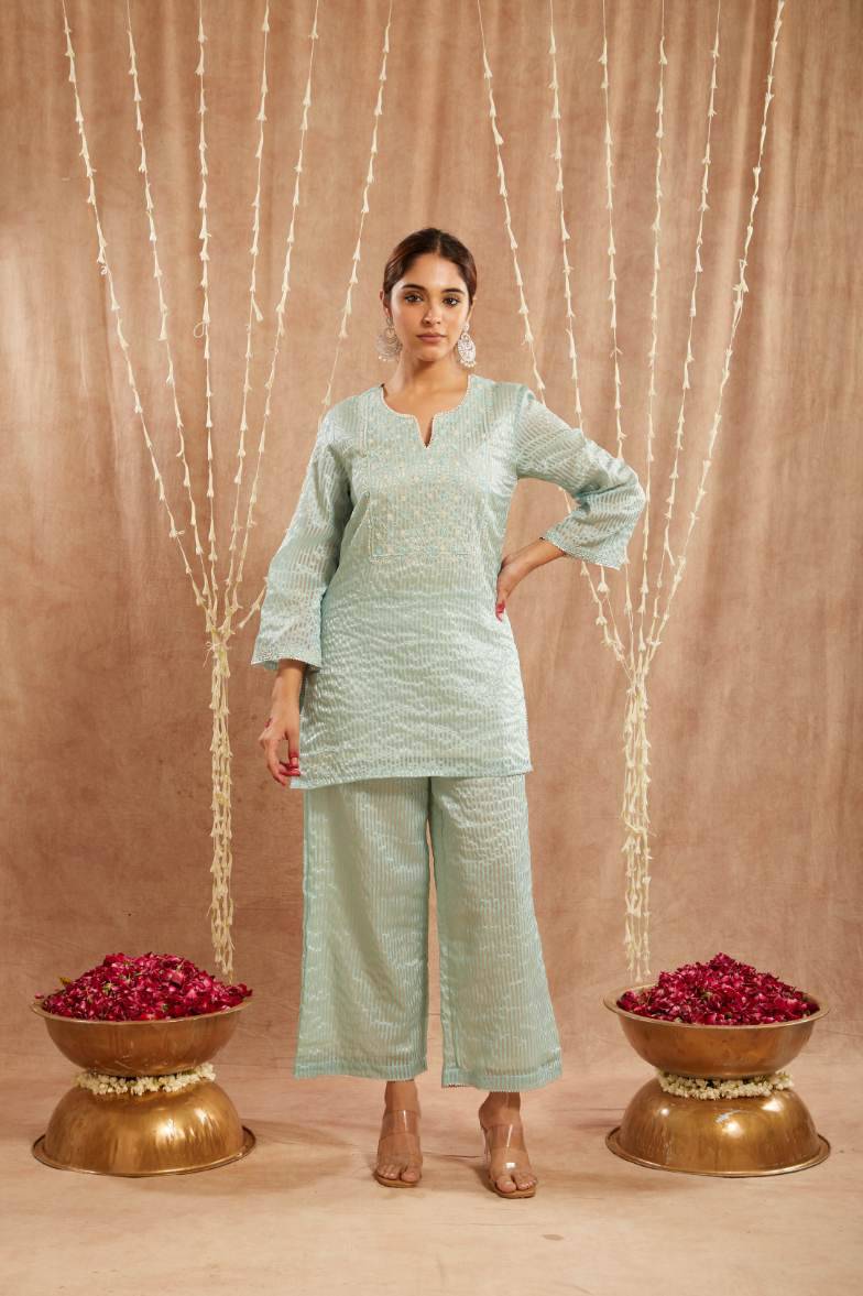Blue Moroccan Dori Kurta with 
Flared Pants