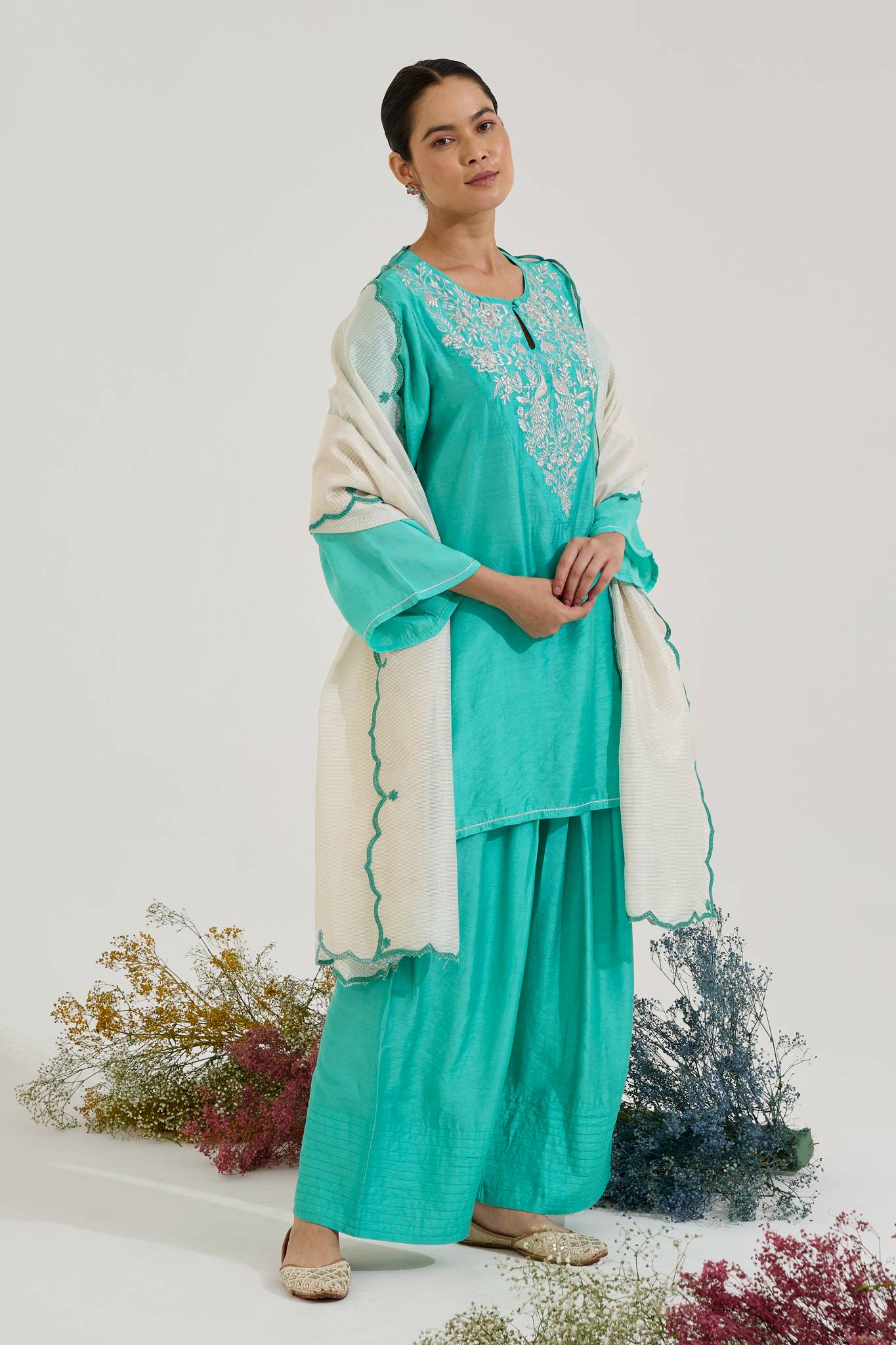 Aqua Green Zari Kurta with Farsi Salwar - Set of 2