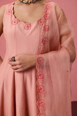 Peach cotton silk resham embroidered anarkali with pant & organza dupatta
